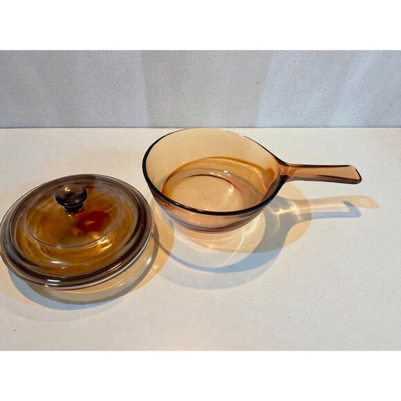 Vintage Corning Vision ware Amber Glass Saucepan With Lid .5L Stovetop Cookware - Picture 4 of 9